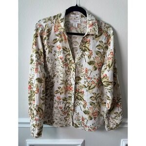 Laura Ashley 100% Linen Floral Button Down Shirt Womens Large Green Red